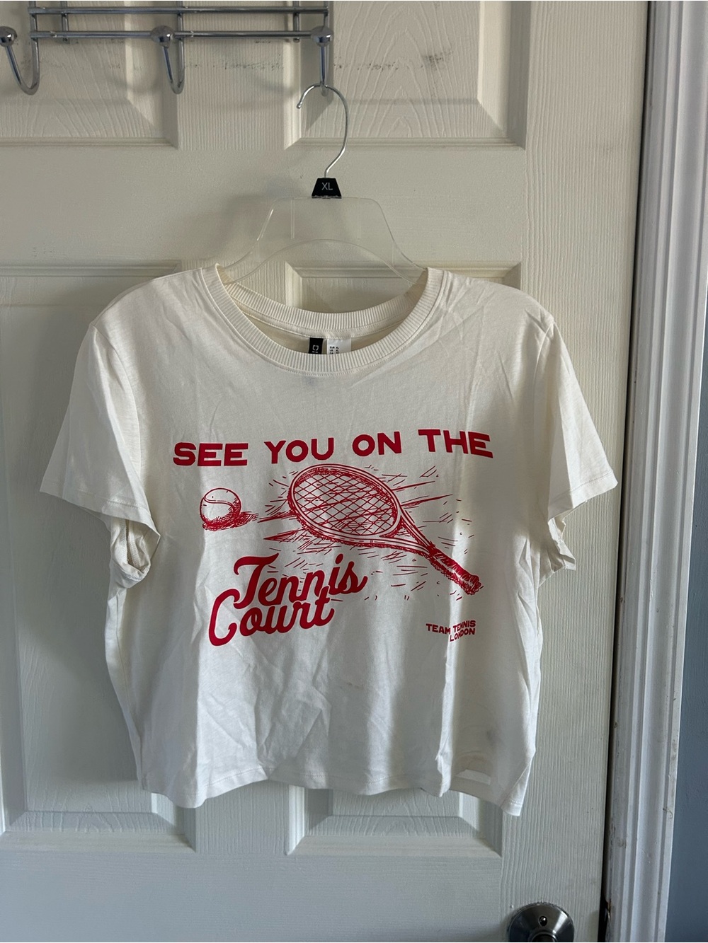 H&M White Graphic Tee with Red Tennis Print